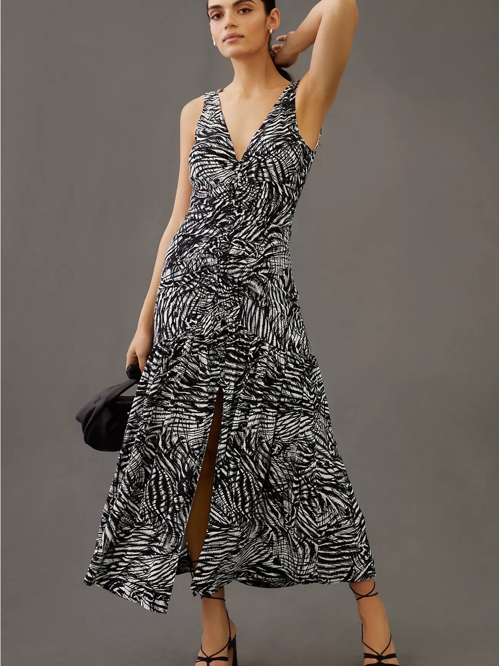 Anthropologie Black & White Twist-Front Printed Maxi Dress